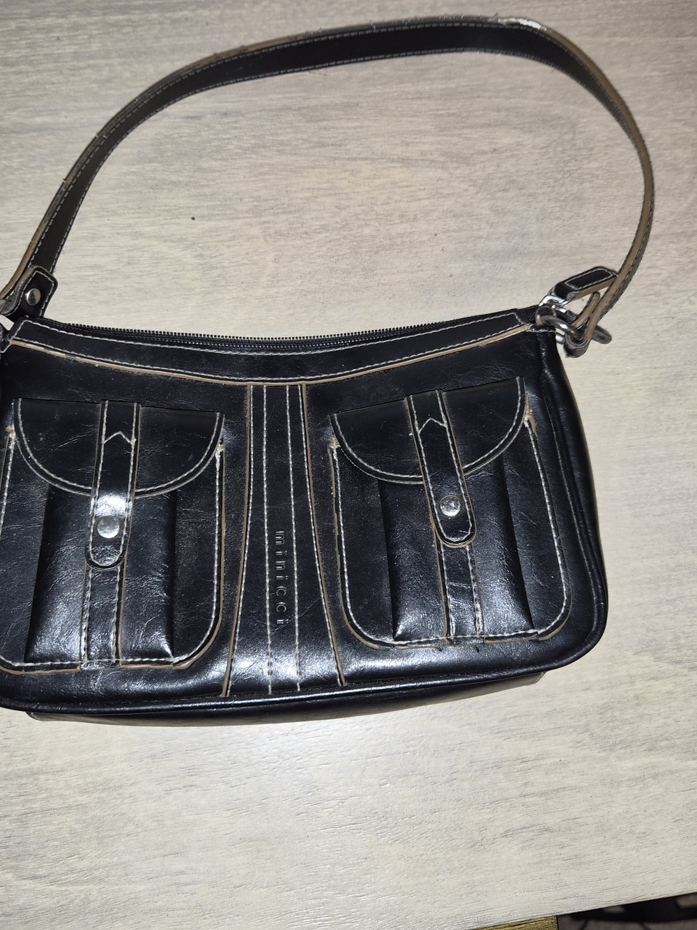 Minicci Black Leather Shoulder Bag with Front Pockets
